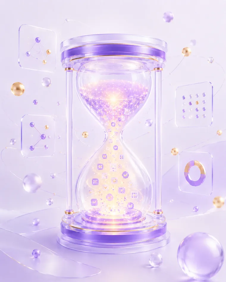 玻璃沙漏里落下的沙变成发光的任务图标并加速，象征用 AI 节省时间提升效率
