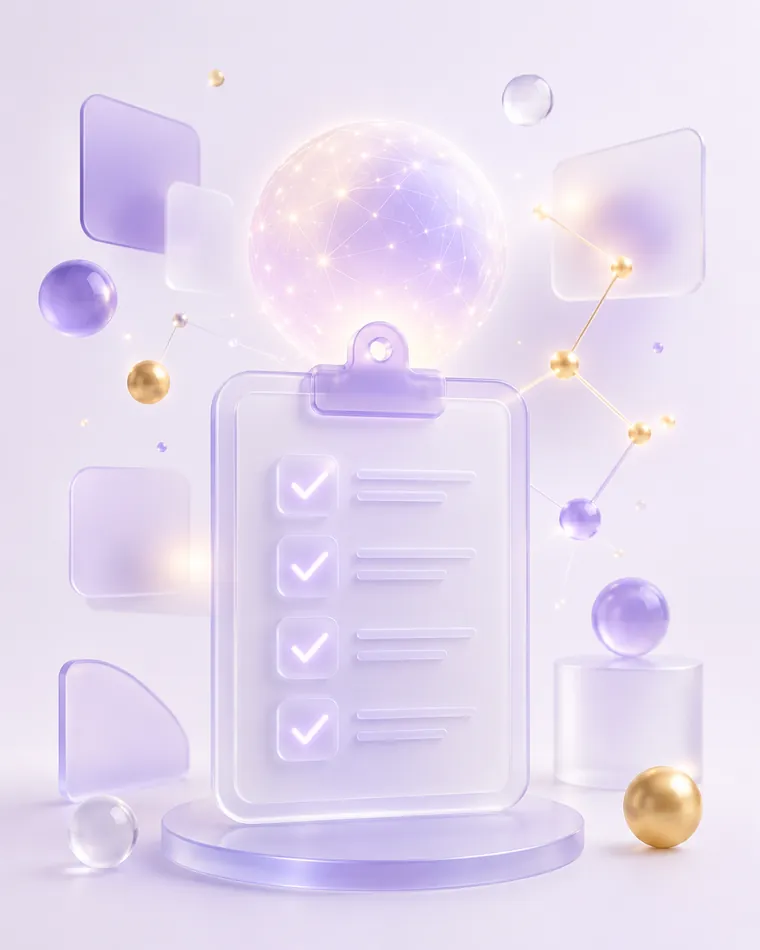 玻璃质感的清单板上打着几个发光的勾，象征用 AI 工具前的核对清单