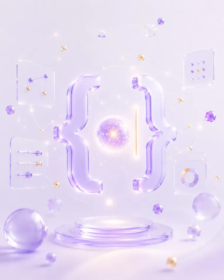 玻璃质感的代码括号与一束光标光束,象征用 AI 工具 Cursor 写代码