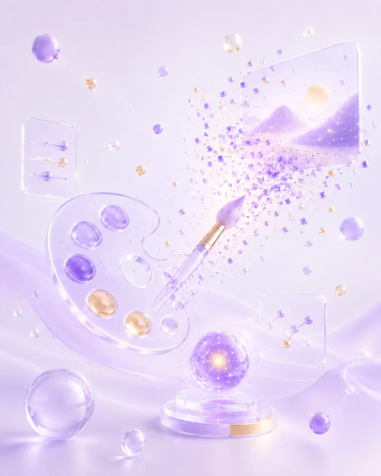 玻璃调色盘与画笔化作彩色粒子组成画面,象征用 Midjourney 生成 AI 图片